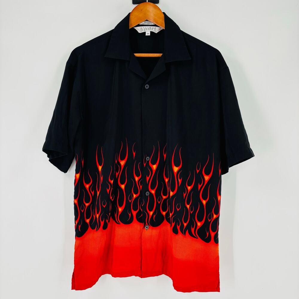 Vintage Elliot Sport Flame Print Button Up Shirt Size Medium Men’s 80’s 90’s